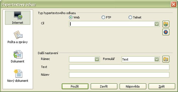 Štandardné okno pre vkladanie a editovanie hypertextových odkazov v OpenOffice.org